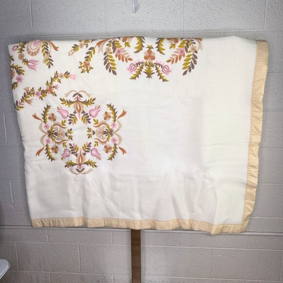 Vintage Satin Edge Blanket Brown & Pink Floral Print On White 70x90 - Picture 3 of 9